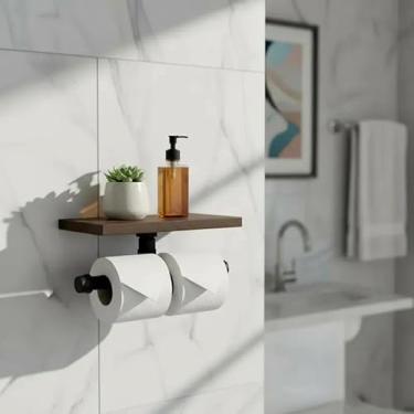 Imagem de Porta Papel Higiênico Duplo Acessório para Banheiro Papeleira Suporte de Parede Estilo Industrial Preto Laca