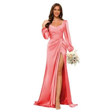 Imagem de Vestido de dama de honra Dessiny com decote em V de cetim com fenda co