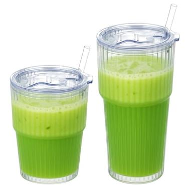 Imagem de Geiserailie 2 peças de copos de vidro Matcha com canudo reutilizável e tampa selada 368,5 g caneca de café com leite gelado de parede grossa portátil 590 ml para chá gelado suco de frutas água