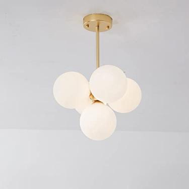 Imagem de YQSLQZZ Lustre minimalista moderno, bola de vidro branco lustres de restaurante escandinavo luminária pendente, luz de teto de ferro dourado fosco, para sala de estar quarto corredor