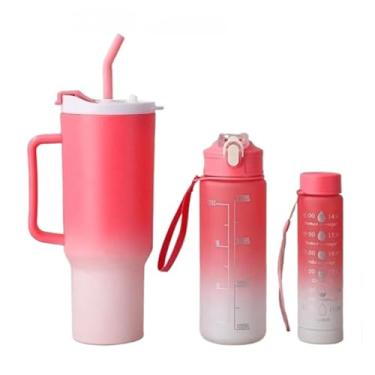 Imagem de Kit 3 Garrafa Copo Tendência Agua Squeeze Com Adesivos Lembretes beber Agua 500-1200ml(Kit 3 rosa 1200-500-240Ml)