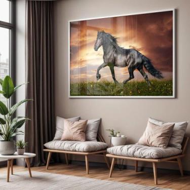 Imagem de Quadro com Moldura e Acrilico Cristal Vidro Sala Quarto Cavalo Preto D