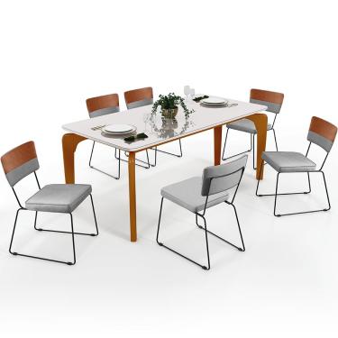 Imagem de Mesa Capri 160cm Off White Com 6 Cadeiras Allana B05 Faixa Couríssimo Camel Linho Cinza - Lyam Decor