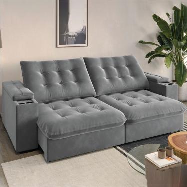 Imagem de Sofá Retrátil E Reclinável 3 Lugares 2,30m Com Porta Copos Veludo New Coliseu Selmer Cinza