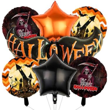 Imagem de Conjunto de 7 peças de decorações de balão de folha de Halloween, inclui asa de morcego, bola da morte, bola do castelo, estrela negra, balões de alumínio de estrela laranja para festas temáticas de