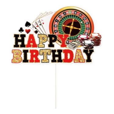 Imagem de Casino Cake Topper, Happy Birthday Cake Toppers Poker Game Chips Roulette Wheel Players Birthday Party Decorations for Las Vegas Themed Casino Night Gambling Party Supplies