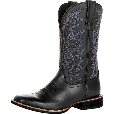 Imagem de furlinkhm Botas de cowboy ocidentais masculinas, botas de cowboy com bico quadrado ocidental, retrô, bordadas, casuais, salto grosso, botas de puxar na panturrilha larga, Preto, 39