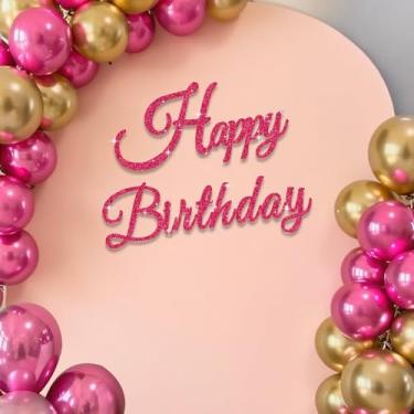 Imagem de TONIFUL Placa de feliz aniversário para pano de fundo - faixa de feltro rosa choque com glitter - inclui cola de bolinhas - perfeita para decoração de parede, pano de fundo de festa de aniversário