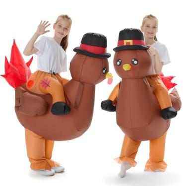 Imagem de VioraWhite Inflatable Turkey Costume Kids Thanksgiving Funny Riding on Blow up Costume for Boys Girls Cosplay Party(Turkey Maple Leaf)