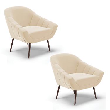 Imagem de Kit 02 Poltronas Giovana Suede Bege Pés Palito de Ferro - D'Rossi
