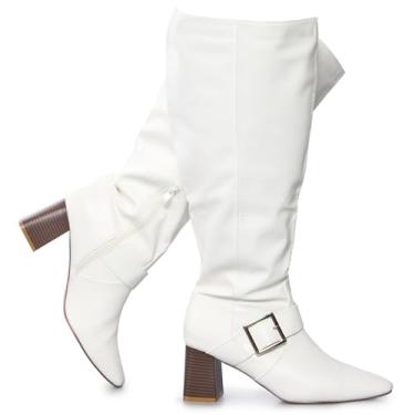 Imagem de RF ROOM OF FASHION Botas femininas de cano alto até o joelho e bico quadrado, Poliuretano branco, 40