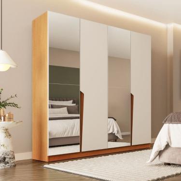 Imagem de Guarda Roupa Roupeiro 4 Portas 4 Gavetas com Espelho Porto Freijó Creme Politorno Móveis