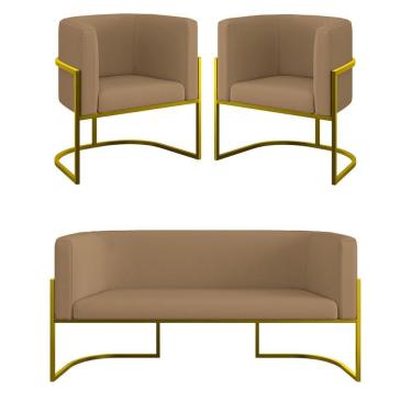 Imagem de Kit 2 Poltronas + Sofá 2 Lugares Base De Metal Gold Veludo Capuccino