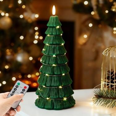 Imagem de Velas de árvore de Natal sem chamas com controle remoto, vela de LED operada por bateria com corda de luz das estrelas, velas elétricas grandes para decoração de casa de Natal, verde