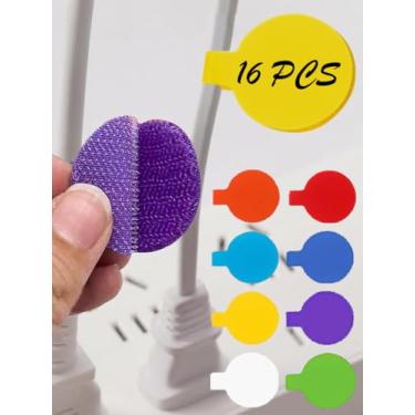Imagem de Pacote com 16 etiquetas multicoloridas para cabos – Etiquetas reutilizáveis com fecho de gancho e laço para organização de fios – Marcadores de fio duráveis para casa, escritório e eletrônicos (4 x 3