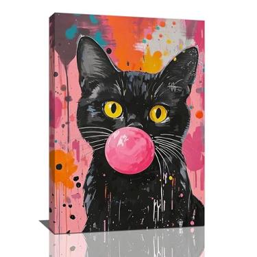 Imagem de Gato preto engraçado rosa Banksy Graffiti arte de parede imagens de gato fofo decoração de parede pintura de gatinho decoração de arte presentes emoldurados para amantes, mulheres, meninas, banheiro