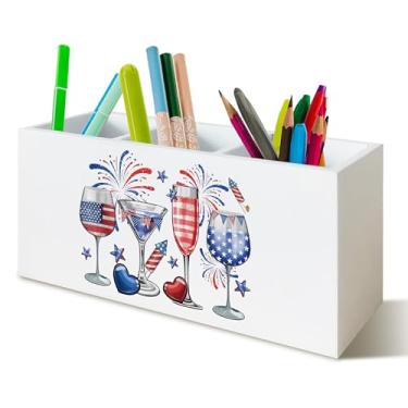 Imagem de YTRGI Organizador de lápis com bandeira americana para mesa, presentes de 4 de julho, Dia da Independência, fogos de artifício, vinho, caixa de madeira, para decoração de mesa e escritório em casa