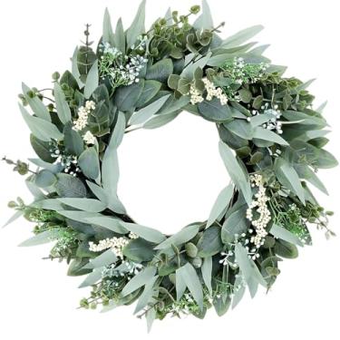 Imagem de Guirlanda artificial, 50 cm / 50 cm, verde realista flores brancas e elegante, porta da frente, design circular, folhas de qualidade de plástico, decoração de casa e varanda