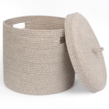 Imagem de WILLITAT Cesta de armazenamento com tampa, cobertor de armazenamento para sala de estar, cesto de corda de algodão macio com tampa, cesto de roupa de vime redondo com capa, cesto de brinquedo para