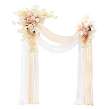 Imagem de Angela flower Conjunto de flores de arco de casamento de luxo com cortinas, pacote com 4, 2 peças de champanhe e eucalipto branco, arranjo de flores de seda penduradas, 2 peças de cortinas de chiffon
