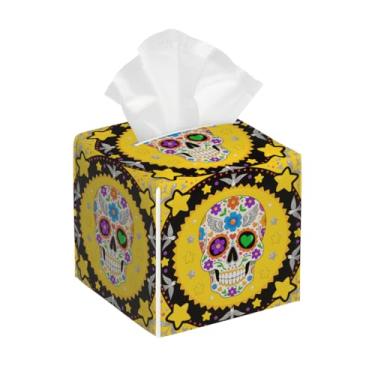 Imagem de Capa de caixa de lenços - Porta-guardanapos quadrados decorativos de caveira amarela - Bonito organizador de cubo facial de couro PU para banheiro, quarto, mesas de cabeceira, bancada, sala de estar