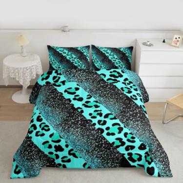 Imagem de jejeloiu Conjunto de edredom Queen com estampa de leopardo, guepardo, para crianças, meninos, meninas, listras geométricas, verde-azulado, glitter, decoração de quarto, 3 peças com 2 fronhas