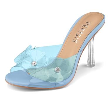 Imagem de Sandálias femininas transparentes, salto alto gatinho transparente, preto, vermelho, floral, sexy, sem fecho, bico aberto, strass, mules, sandálias deslizantes, verão, frente única, festa, formatura