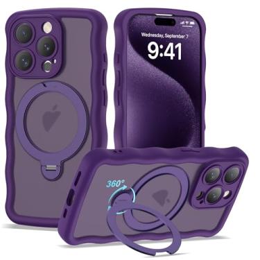 Imagem de BTBTCASE Capa compatível com iPhone 15 Pro com anel magnético rotativo de 360° com suporte invisível, compatível com Mag-Safe, linda moldura ondulada ondulada translúcida fosca protetora para celular