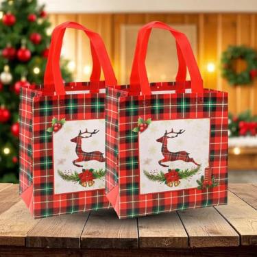 Imagem de Saco de presente xadrez não tecido estampado de Natal em 4 estilos, reutilizável, vermelho, mercearia, artigos de festa de Feliz Natal (alce, 23 x 22 x 11 cm)