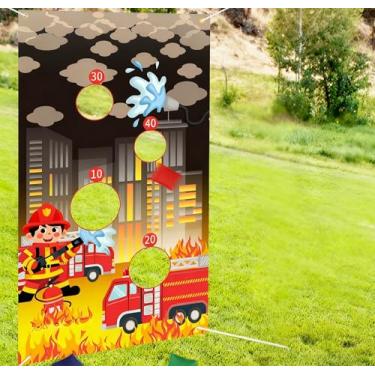 Imagem de kreat4joy Jogos com tema de caminhão de bombeiros com sacos de feijão, jogo de arremesso de saco de feijão para crianças, tema de bombeiro, jogos de arremesso, faixa de fundo para crianças, atividades