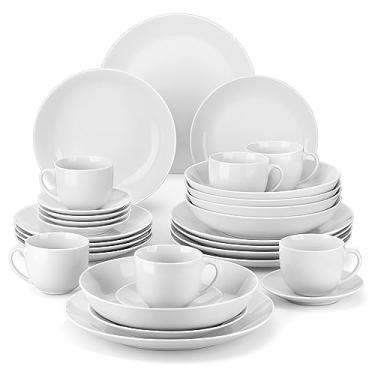 Imagem de MALACASA Conjunto de louça de porcelana gourmet com 30 peças, conjunto de pratos redondos brancos modernos para 6 – Pratos de servir e tigelas premium para sobremesa, salada, sopa, macarrão – Série AMELIA