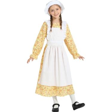 Imagem de Wizland Vestido pioneiro colonial para meninas com avental e gorro amarelo 8-10