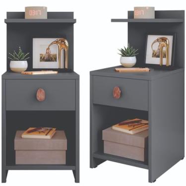 Imagem de Kit 2 Mesa de cabeceira com gavetas e prateleiras Mesa de cabeceira com design criativo Quarto (CINZA)