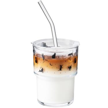 Imagem de Olvini Copo de vidro de 370 ml com canudo e tampa, copo de café gelado reutilizável, copos de vidro fofos para água, matcha, canecas de café de viagem (gato preto - 368 g)