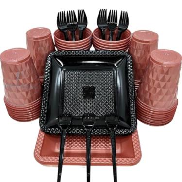 Imagem de Kit 260 Itens Descartaveis Festa Aniversário Prato Quadrado Diamante Plástico Colorido Perolado Candy Pastel (Preto Rose Perolado)