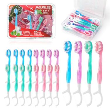 Imagem de JASUNLEE Pacote com 20 mini escovas de dentes descartáveis com pasta de dente, raspador de língua, fio dental, 5 em 1, escova de dentes portátil pré-colada para viagem, para crianças e adultos