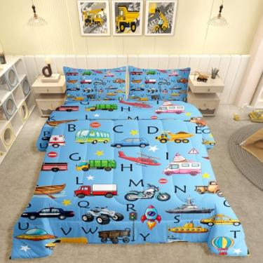 Imagem de jejeloiu Conjunto de edredom solteiro com escavadeira, veículos de construção, para crianças, meninos, meninas, equipamentos, caminhões, edredom, decoração de quarto, microfibra, 2 peças com 1 fronha