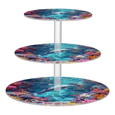 Imagem de Blueangle Suporte redondo de cupcake de 3 camadas – Torre de sobremesa de acrílico colorido de recifes de coral, suporte de sobremesa em camadas antiderrapante para chá de bebê, aniversário, festa de