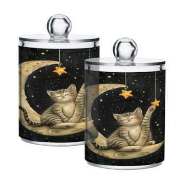 Imagem de ATTX Dispensador de suporte Qtip Cat on The Moon para bola de algodão, cotonete, frasco de boticário transparente, decoração de casa, pote de armazenamento de cozinha, pacote com 2 (863)