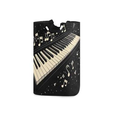 Imagem de Blueangle Cesto de lavanderia dobrável com padrão de teclas de piano com alças – Saco de cesto de roupa dobrável à prova d'água | Solução de armazenamento de roupas que economiza espaço para