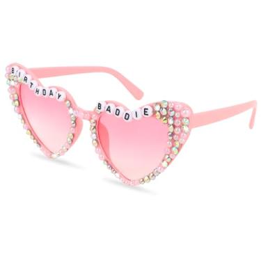 Imagem de BAHABY Óculos de sol de coração BIRRHDAY BADDIE para mulheres, meninas, para lembrancinhas de festa de aniversário, rosa, 5.9* 2.45 inch