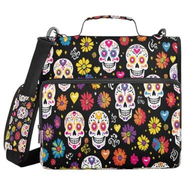 Imagem de ATTX Pasta com zíper de flor de caveira de açúcar com alça acolchoada ajustável - 3 anéis com capacidade para 500 folhas com organizador de vários bolsos, serve para laptop de 12 polegadas #55