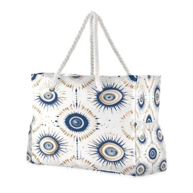 Imagem de ATTX Bolsas de praia com olho turco para mulheres - bolsas de praia grandes com zíper à prova d'água à prova de areia bolsa grande para piscina #595