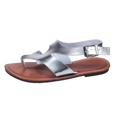 Imagem de Sandália feminina casual de cabeça redonda confortável para praia e uso diário com salto baixo e design confortável, Prata, 39