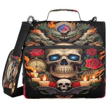 Imagem de SEHANY Fichário com zíper de caveira com alça de ombro, capacidade para 500 folhas, vários bolsos 3,8 cm para fichário com zíper e 3 anéis