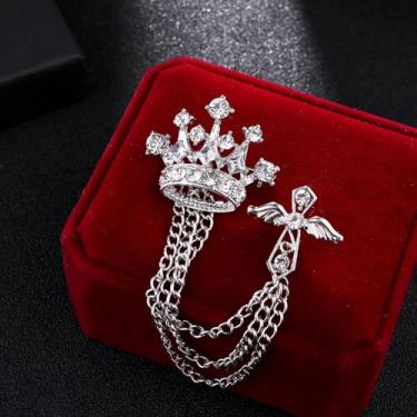 Imagem de Broche de coroa de prata, alfinete de lapela, alfinete de cristal, zircônia cúbica, broche de corrente pendurada para homens, acessórios de terno para uso diário, 1 count (pack of 1), Liga de aço