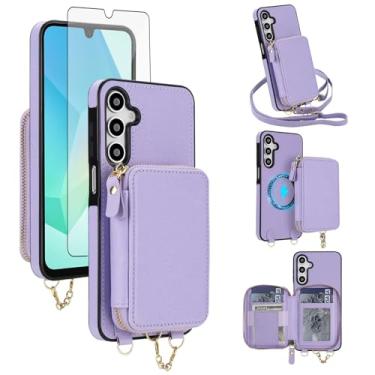 Imagem de Capa de telefone para Samsung Galaxy A16 5G/4G carteira com zíper e protetor de tela, alça transversal 2 em 1 magnética destacável bloqueio RFID Flip A 16 16A SM-A166U mulheres homens roxo