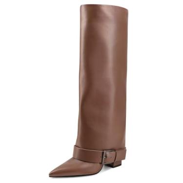 Imagem de GPXGPX Botas de cano alto femininas dobráveis, salto alto grosso, panturrilha, bico fino, fivela de cinto, bota longa para mulheres, Marrom, 39