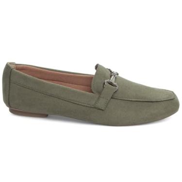 Imagem de MOCASSIM FEMININO BICO ALONGADO CAMURÇA VERDE,ENFEITE BRIDÃO EM ABS NA COR GRAFITE, NÚMERO 37