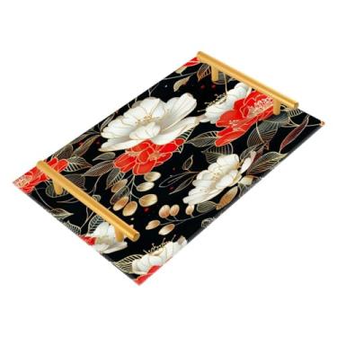 Imagem de Wassud Bandeja de banheiro floral ouro vermelho acrílico joias bandejas de perfume com alça de maquiagem bandeja de cômoda quarto cozinha mesa de balcão, 30 x 20 cm